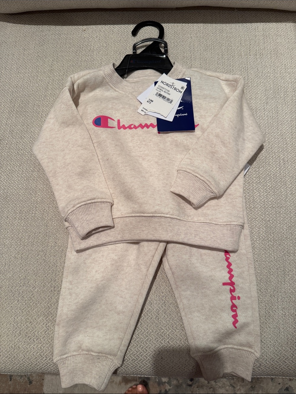 Champion Beige Sweatshirt and Jogger Set with Pink Logo 12 months